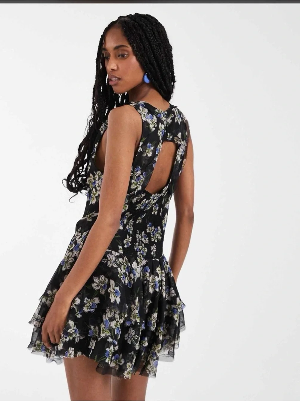 Free People Black Floral Ruffle Hem Mini Dress with Blue Accents